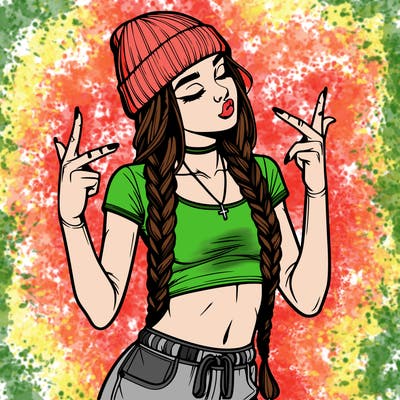 realistic teenage girl with braids and a beanie and crop top doing 🫶🏼