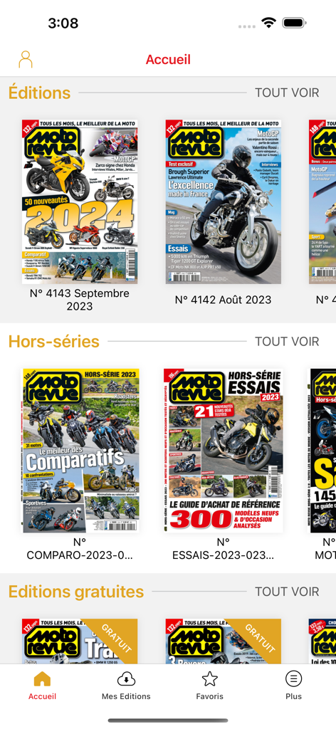 Moto Revue Magazine - Schermata principale dell'app Moto Revue Magazine che mostra diverse edizioni e numeri speciali di riviste di motociclismo.
