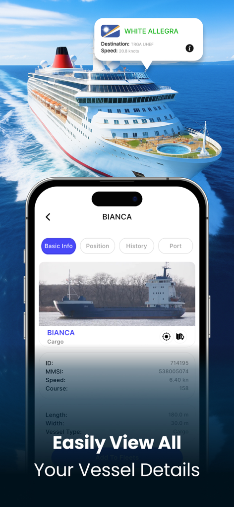 Smartphone app showing technical details and a photo of a cargo vessel named Bianca