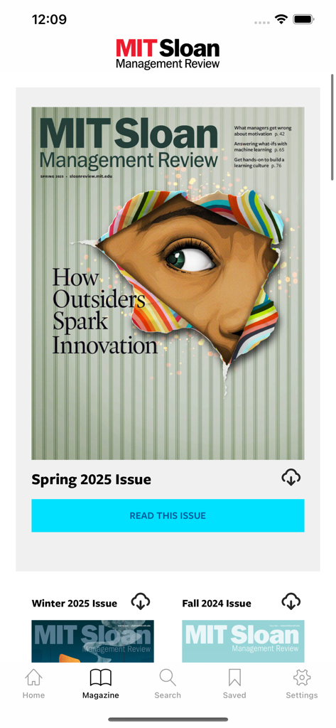 Magazine section of the MIT Sloan Management Review app featuring the Spring 2025 issue cover