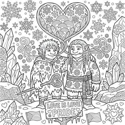 Celebrate love and diversity with this enchanting Ice Trolls Pride adult coloring page. Featuring two frosty trolls in a heartwarming embrace surrounded by intricate snowflakes and symbols, it offers a mindful and joyous coloring experience.