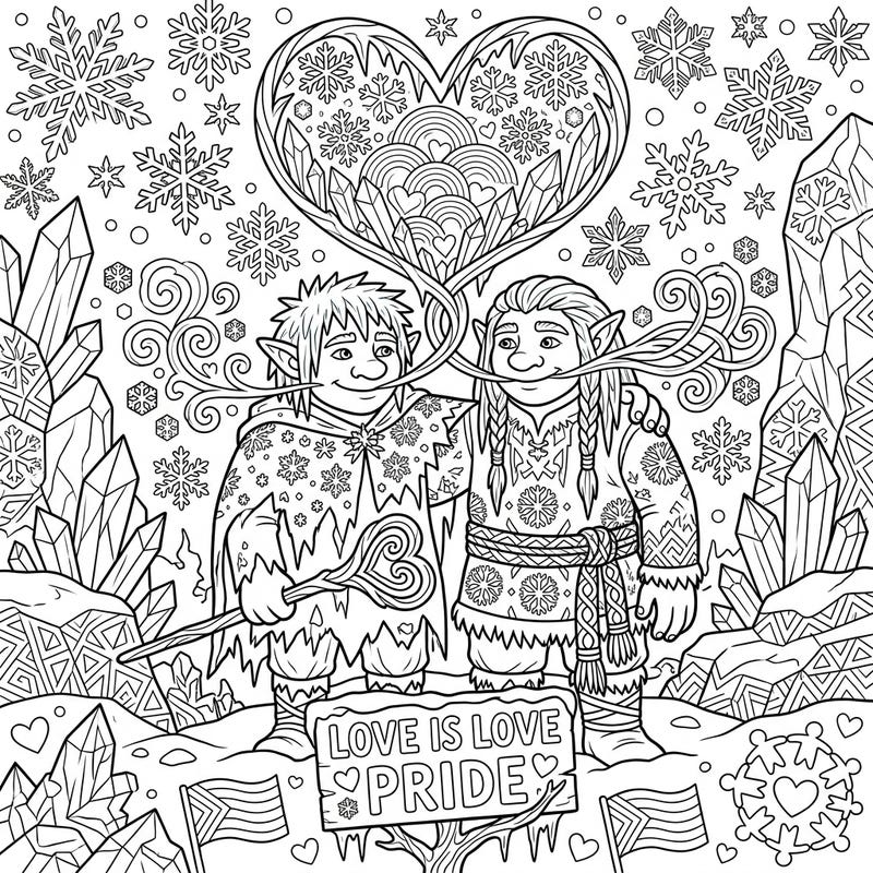 Celebrate love and diversity with this enchanting Ice Trolls Pride adult coloring page. Featuring two frosty trolls in a heartwarming embrace surrounded by intricate snowflakes and symbols, it offers a mindful and joyous coloring experience.