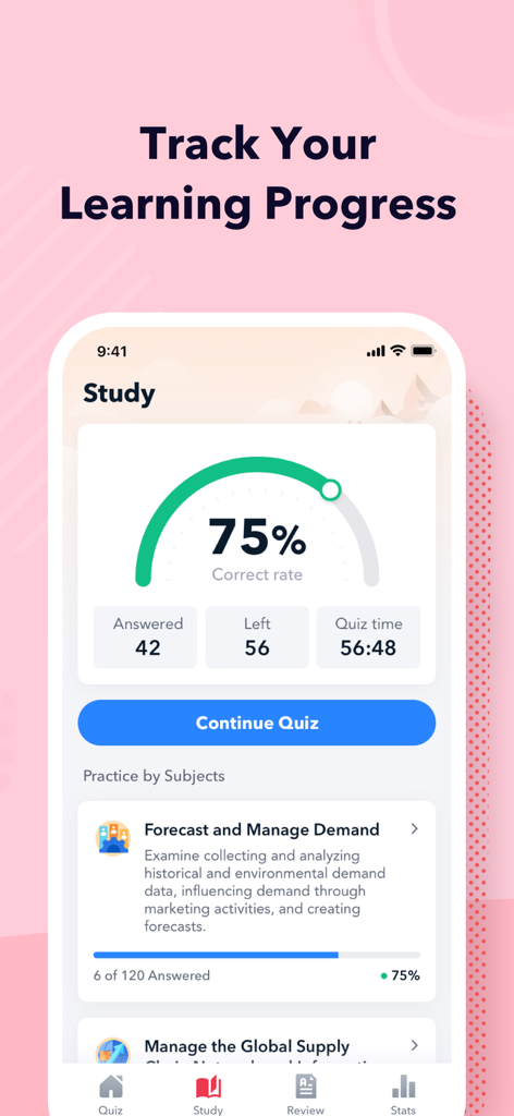 APICS CSCP Exam Prep: 2026 - Dashboard di studio dell'app APICS CSCP Exam Prep che mostra il monitoraggio dei progressi e un indicatore di correttezza al 75%.