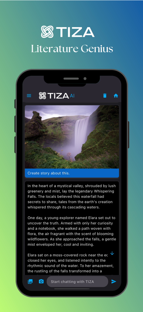 TIZA - Interfaz de la aplicación TIZA que muestra la función de Genio Literario generando una historia a partir de una imagen de cascada