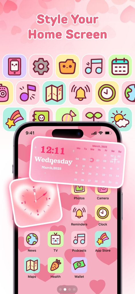 Color Widget - Theme & Icon - A pink heart-themed iPhone home screen featuring custom widgets for time and calendar alongside aesthetic app icons.
