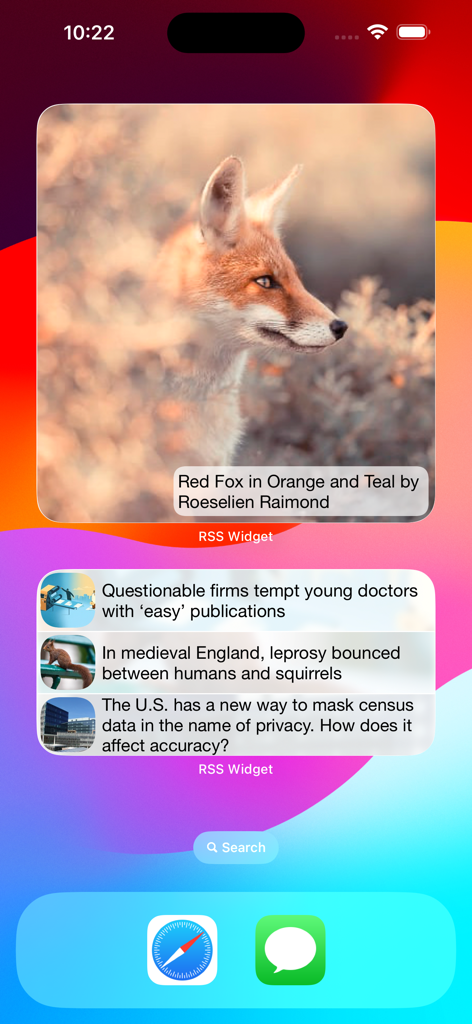 RSS Widget - Pantalla de inicio de iPhone que muestra dos widgets RSS con una imagen grande de un zorro y una lista de titulares de noticias