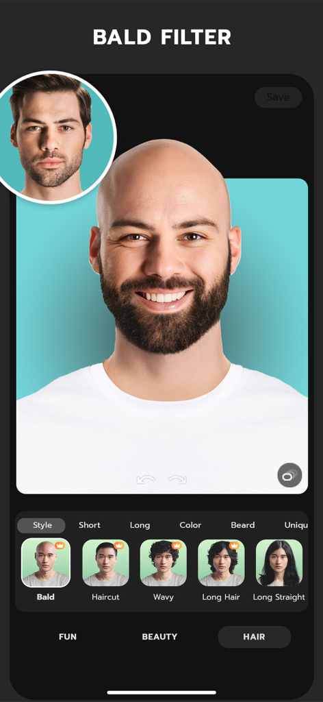 Ein Mann vor und nach der Verwendung der FaceLab Glatzenfilterfunktion.