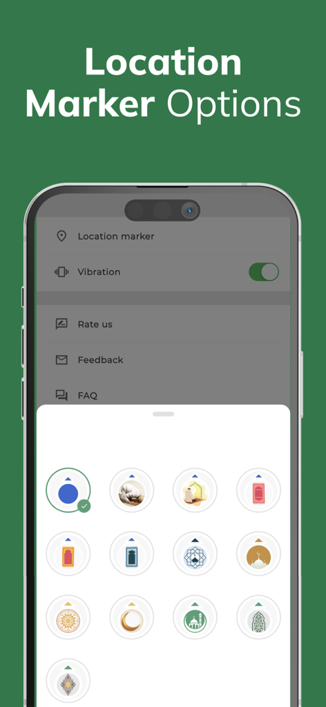 Qibla Finder 100% اتجاه القبلة - Mobile App-Oberfläche, die verschiedene islamische Standortmarker-Symbole für die Kartenanpassung anzeigt