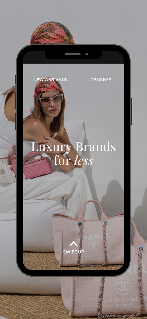 THE CLOSET - Mobile app screen showing luxury designer handbags with the slogan Luxury Brands for less