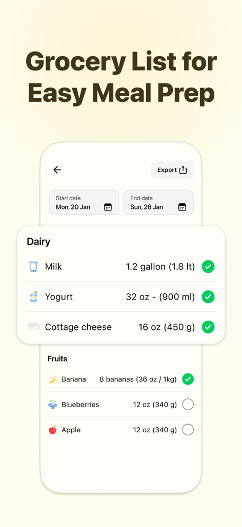 Interface de la liste de courses de l'application Fitia montrant les articles d'épicerie organisés par catégorie