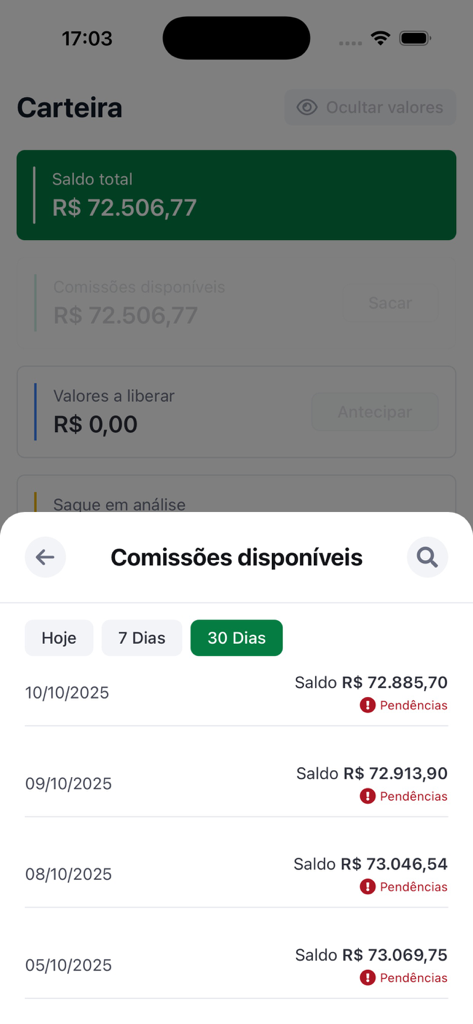Logzz app wallet screen displaying available commissions and a 30 day transaction history