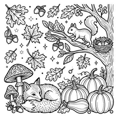 Celebrate the beauty of autumn with this unique dot work coloring page, bringing a delightful woodland scene to life. Enjoy intricate details of a sleeping fox, playful squirrel, pumpkins, and falling leaves, all waiting for your creative touch.