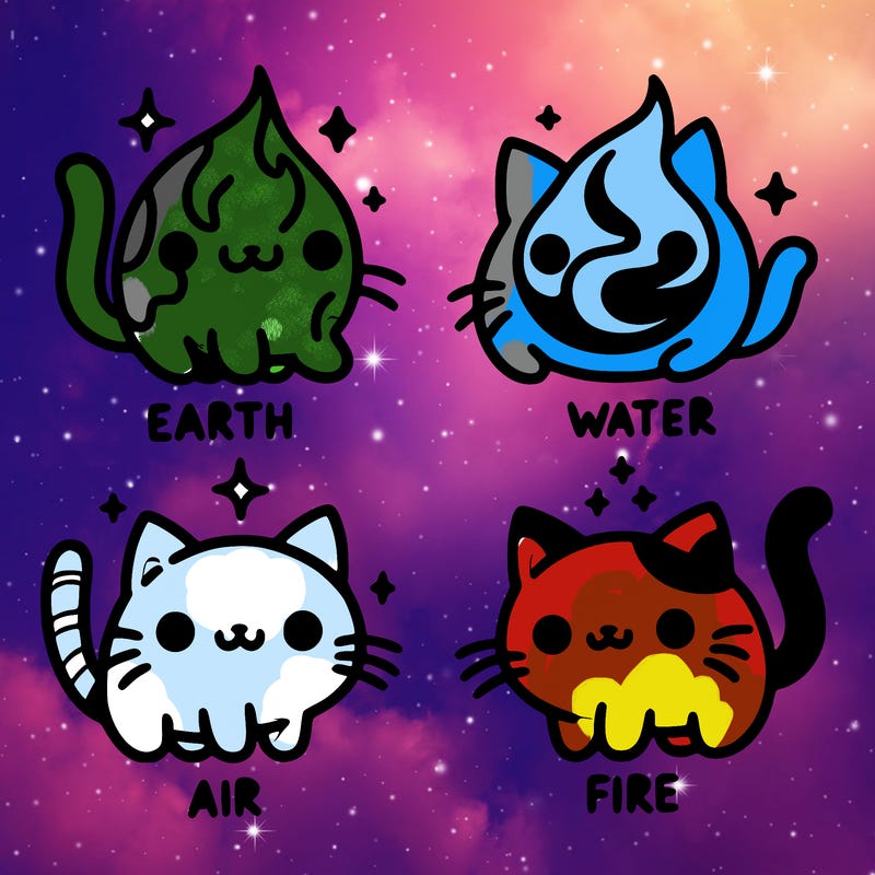 4 cats that represent the different elements, earth, water, air, and fire