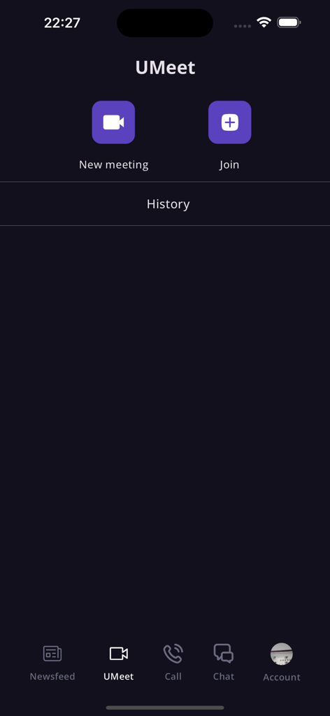 U-COM - The UMeet interface in the U-COM app showing new meeting and join options