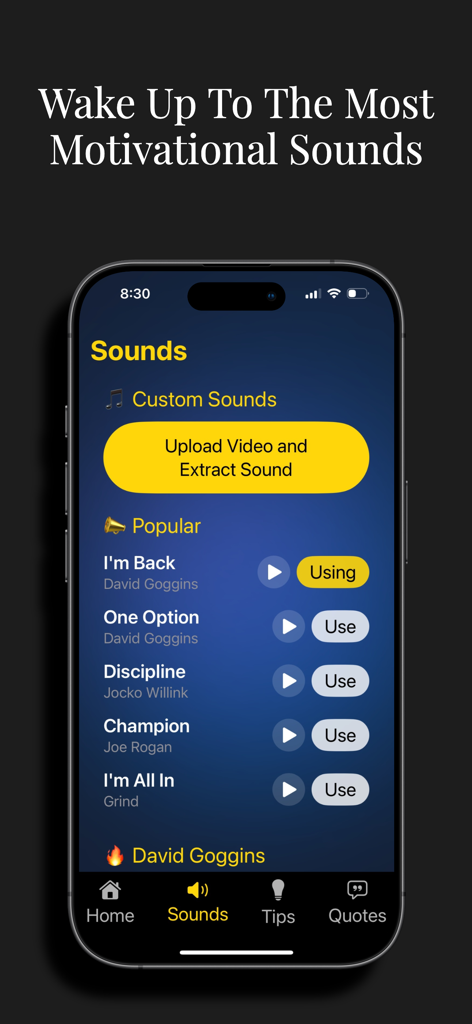 Rise - Motivational Alarm - Rise app interface showing a list of motivational wake up sounds from influencers like David Goggins and Jocko Willink.