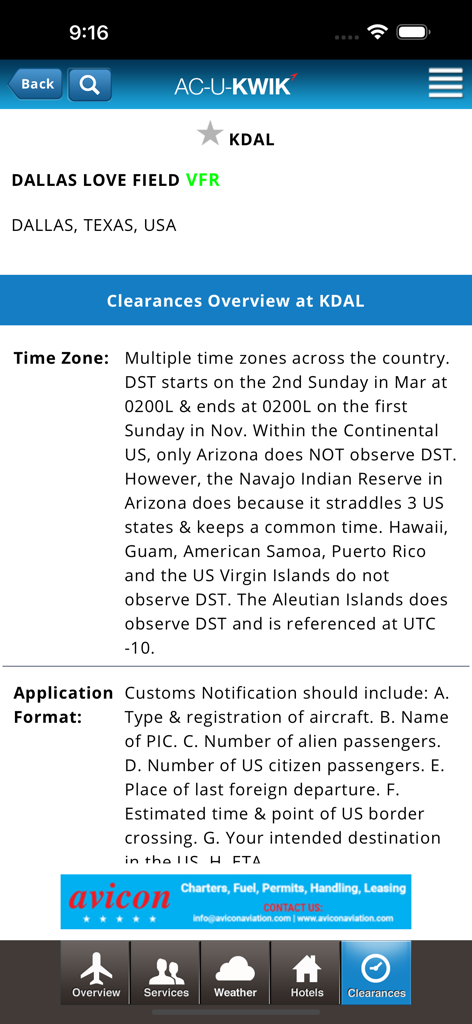AC-U-KWIK - AC-U-KWIK app display of airport clearance and time zone information for Dallas Love Field
