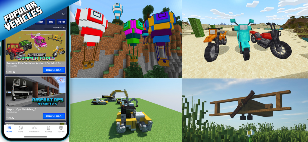 Cars Addon for Minecraft - Un collage che mostra vari addon di veicoli per Minecraft, tra cui moto, mongolfiere e aerei.