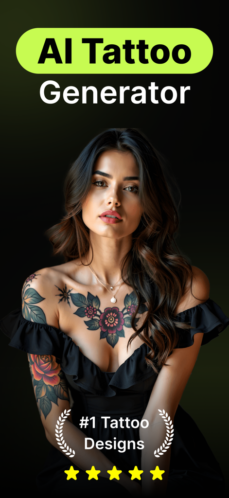 AI Tattoo Generator - Inkill - 女性にカラフルな花のタトゥーと5つ星の評価が表示されているAIタトゥー生成アプリの画面