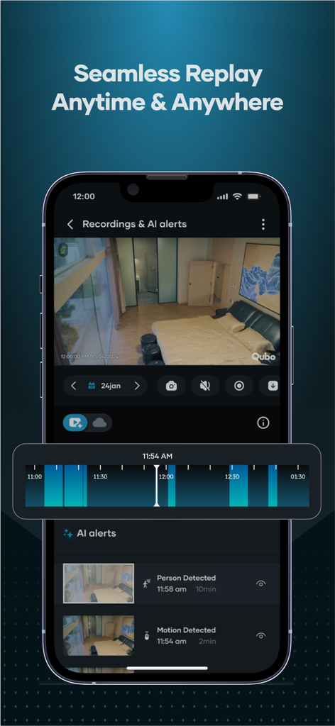 Qubo - Interface do aplicativo Qubo mostrando a linha do tempo de reprodução de vídeo e alertas de segurança de IA para detecção de pessoas e movimento
