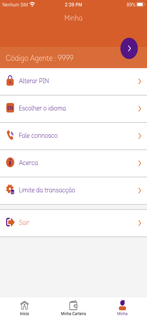 UNITEL Money Parceiros - Pantalla de configuración de perfil para agentes en la aplicación UNITEL Money Parceiros con opciones para cambios de PIN y selección de idioma en portugués