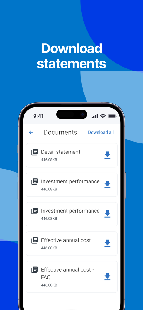 Interface of the Sanlam Portfolio app showing the documents section with options to download financial statements and investment performance reports