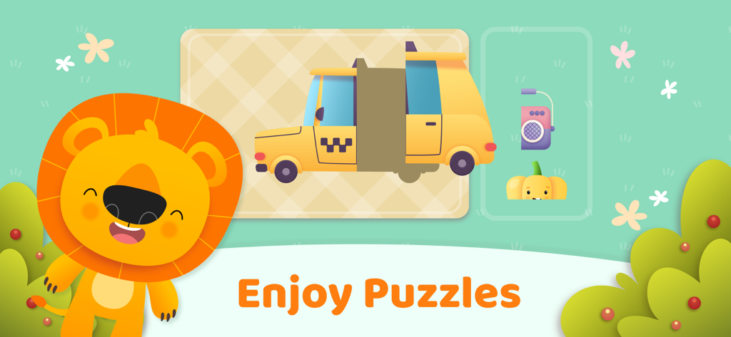 Baby Games for Kids - Babymals - León de dibujos animados junto a un rompecabezas de taxi para niños con el texto Disfruta de Rompecabezas