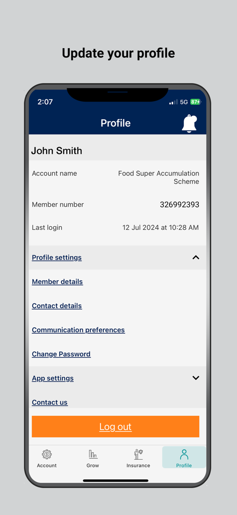 Australian Food Super - Australian Food Super 앱의 프로필 화면, 회원 세부 정보 및 계정 설정 표시