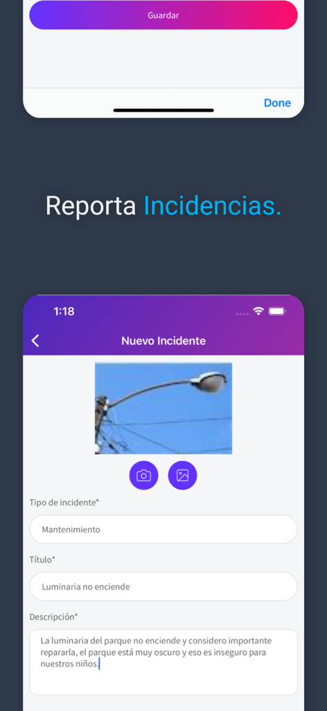 FracX Net - Interfaccia dell'app mobile per segnalare incidenti di manutenzione della comunità con caricamento di foto