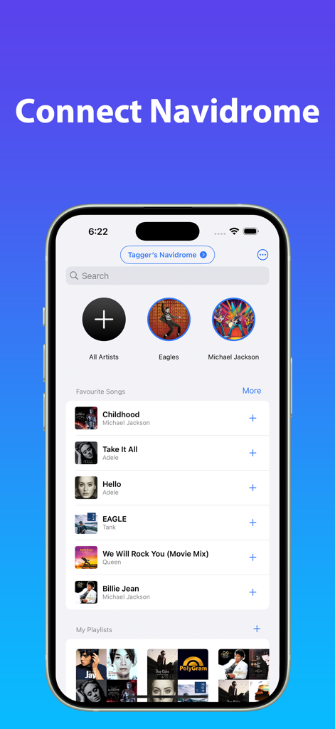 MP3 Tag：Music Tag Editor - Interface do aplicativo MP3 Tag mostrando a integração do servidor de música Navidrome e a lista da biblioteca
