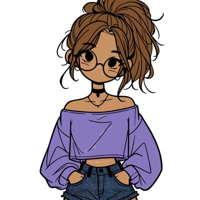 girl with a messy ponytail glasses a baggy crop top and jean shorts