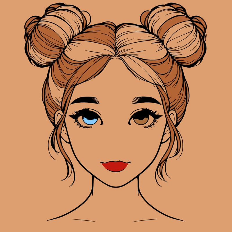 realistic girl with two buns on top of her head