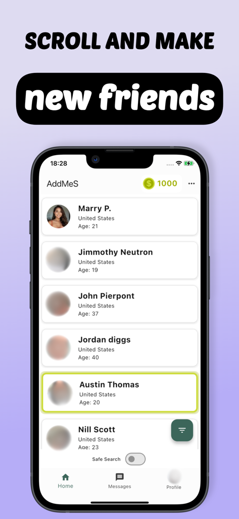 AddMeS - make new friends - A mobile interface displaying a list of user profiles with names and ages for social connection