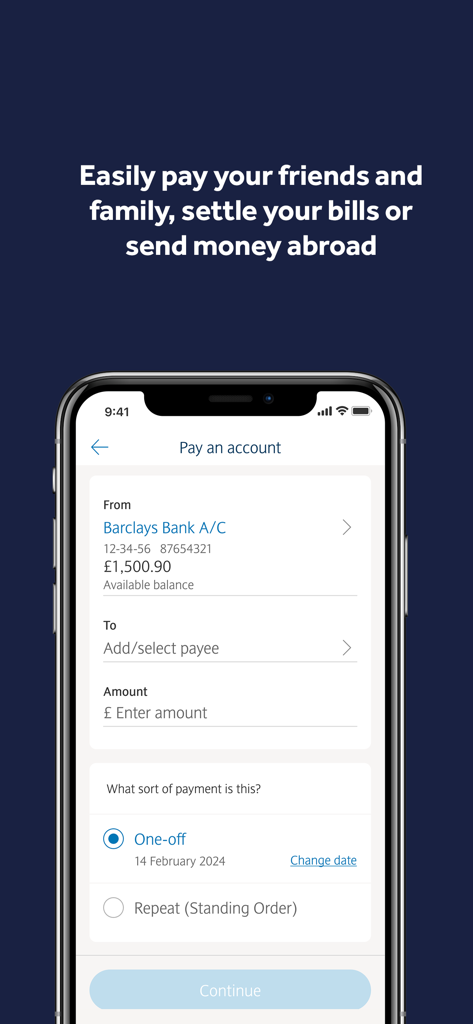 Barclays UK - Barclays UK App-Benutzeroberfläche für eine einmalige oder wiederkehrende Zahlung