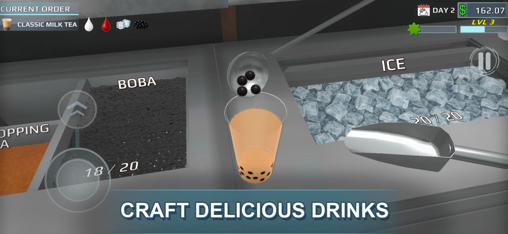 Bubble Tea Revolution - A 3D simulation screen showing boba pearls being added to a milk tea drink with ice nearby