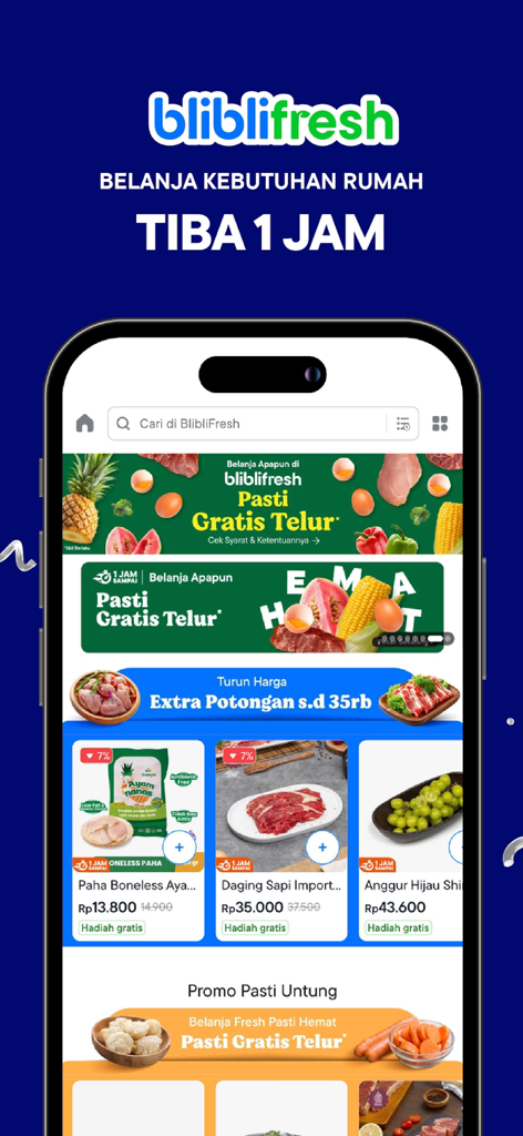 Blibli - Blibli app interface for fresh grocery delivery with chicken beef and grapes