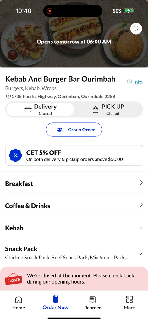 Kebab And Burger Bar Ourimbah - Home screen of the Kebab And Burger Bar Ourimbah app showing food categories and special offers