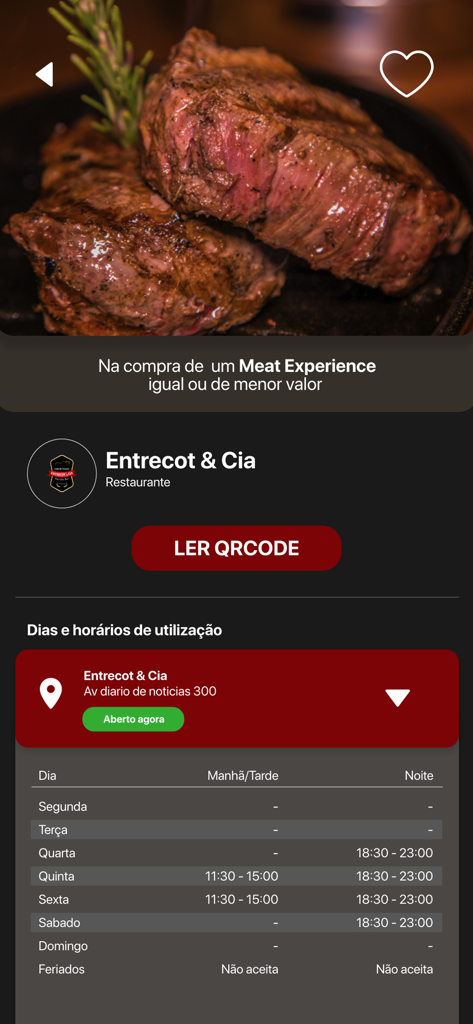 POA em Dobro - Screenshot of the POA em Dobro app showing the Entrecot and Cia restaurant page with a meat dish and a QR code button
