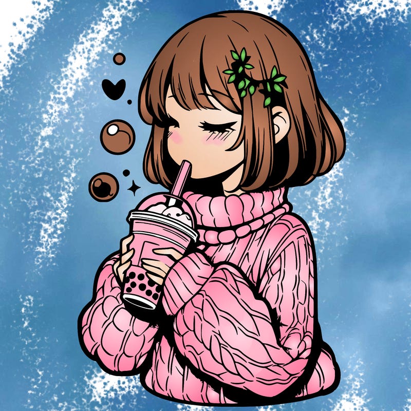 manga girl drinking boba in cozy sweater