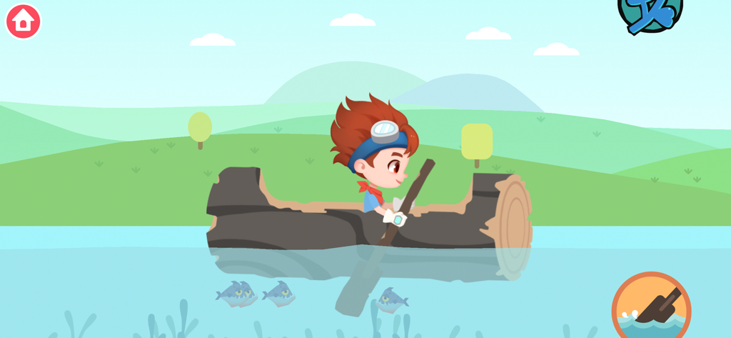 Un garçon en dessin animé ramant un canoë en bois sur une rivière dans le jeu éducatif de la Machine à voyager dans le temps des dinosaures