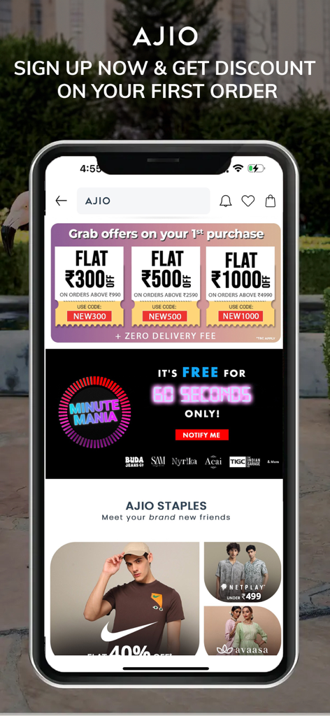 AJIO mobile app interface showing first purchase discounts and curated clothing collections