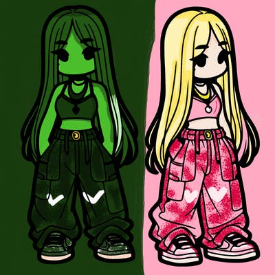 girl in baggy pants crop top and long hair