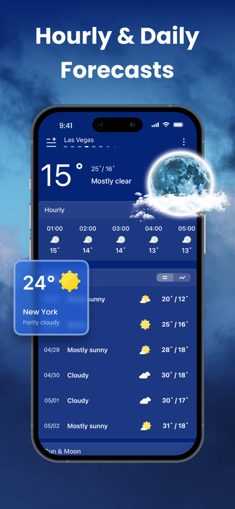 Interfaz de la aplicación Weather Live Weather and Radar que muestra pronósticos por hora y diarios para Las Vegas y Nueva York.