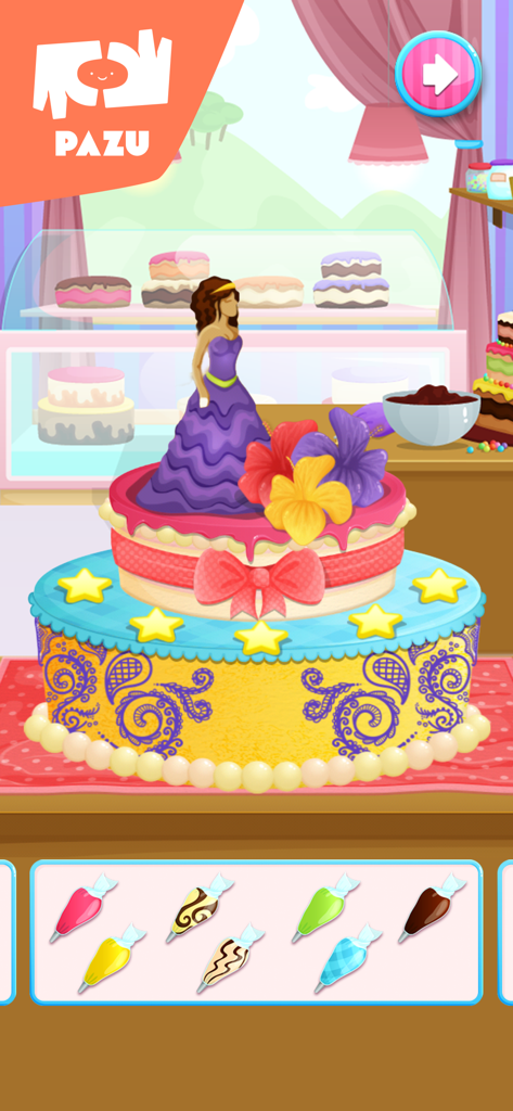 Cake maker Cooking games - A multi-tiered cake with a doll topper and colorful decorations in a bakery setting