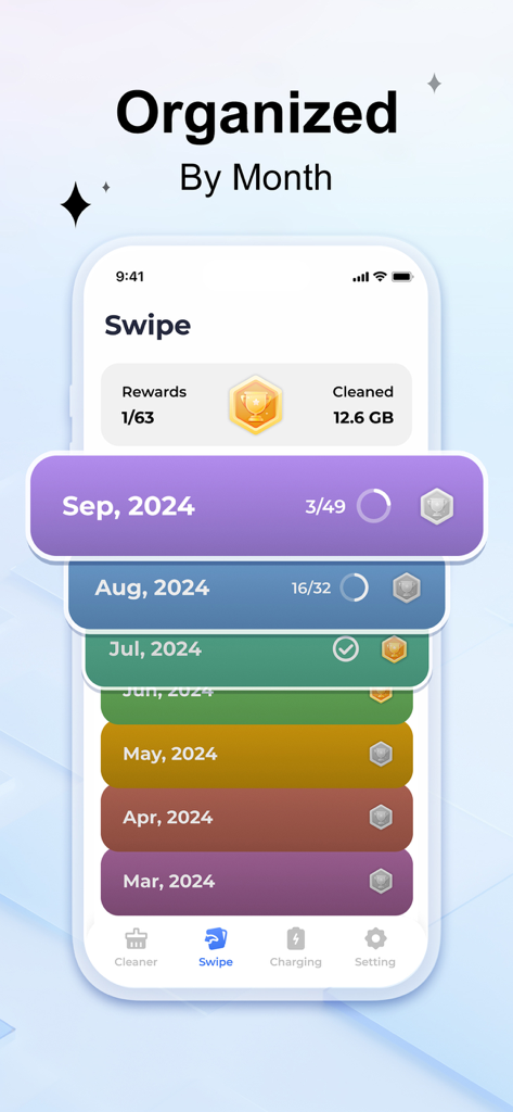 Spark Cleaner: Clean Storage - Spark Cleaner app interface showing a list of months with cleaning progress and total storage cleaned statistics.