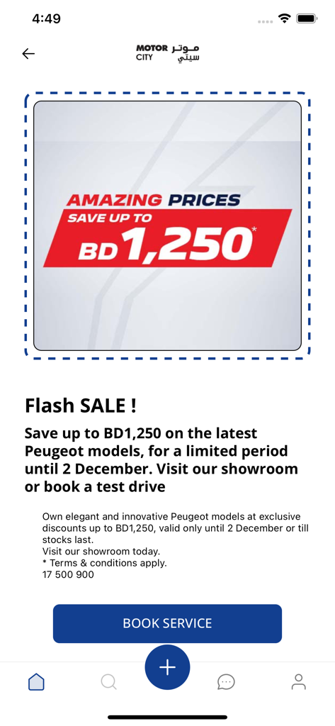 Motor City Bahrain - Bildschirm der Motor City Bahrain App, der einen Flash-Sale für Peugeot-Automodelle mit einer Schaltfläche zur Servicebuchung zeigt
