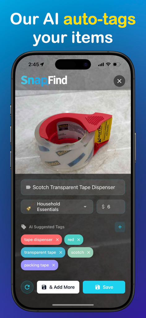 A smartphone screen displaying the SnapFind app using AI to automatically tag a photo of a tape dispenser with descriptive labels and categories.