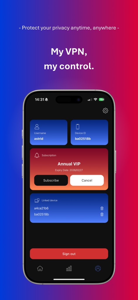Lightning Cat VPN: Fast & Safe - User account screen of Lightning Cat VPN app displaying profile details, Annual VIP subscription, and linked devices.