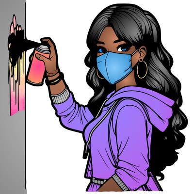 realistic girl with mask spray painting a wall