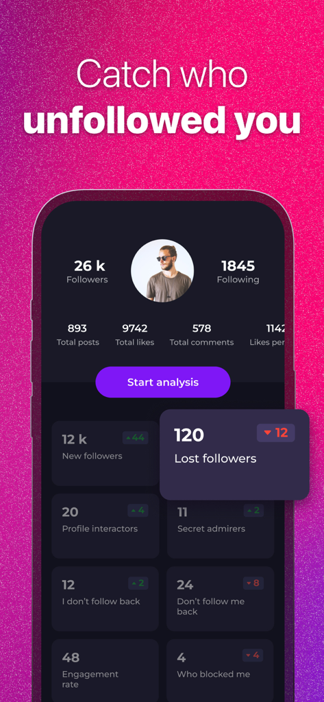 Reports: Followers Tracker - Mobile dashboard of the Reports app showing social media follower analytics and lost followers