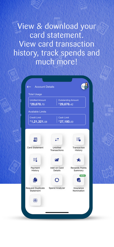 Interfaz de la aplicación SBI Card que muestra los detalles de la cuenta, los límites de crédito y varias funciones de gestión de tarjetas, como extractos e historial de transacciones.